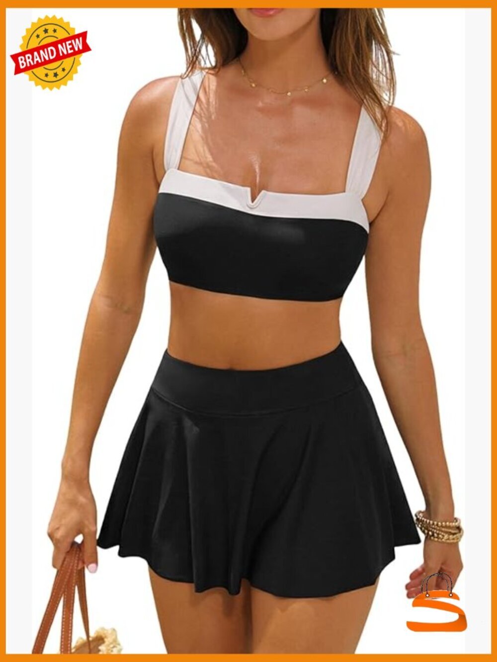 Two Piece High Waisted Swim Skirt Bikini Set with Crossback Tie Straps